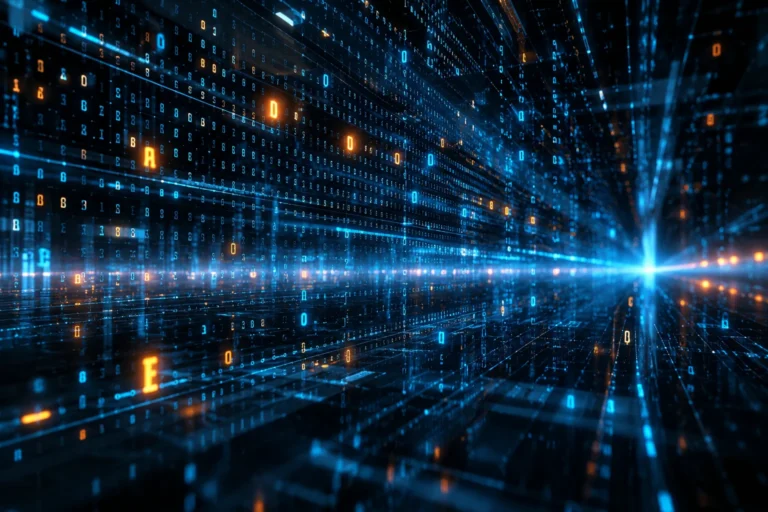 Hggbfe3fykc futuristic data stream visualization with binary code and digital network technology background
