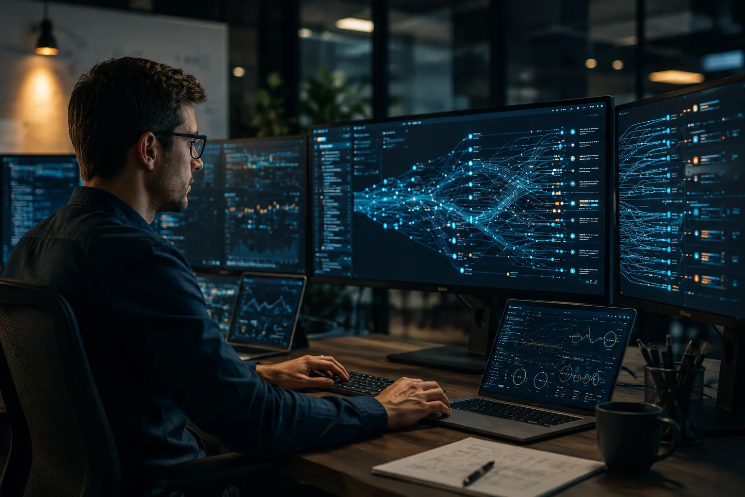 Nionenad advanced data analytics dashboard with AI network visualization and multi-screen monitoring setup