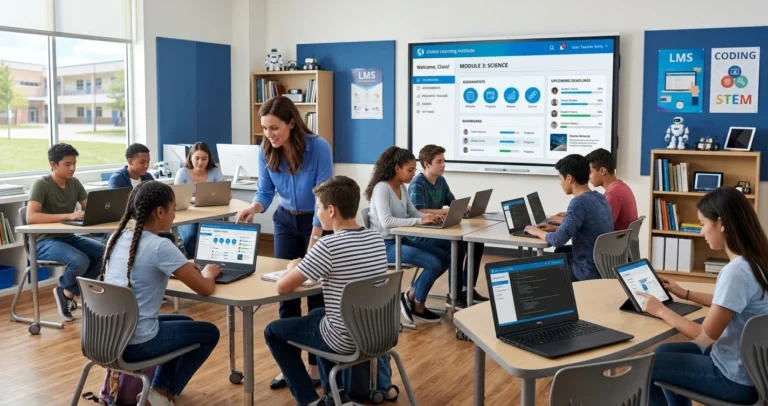 A teacher assists students in a modern classroom as they use alfa schoology for science and coding