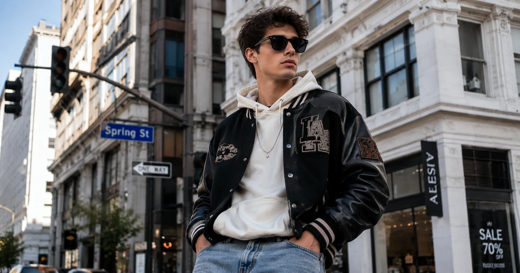 Model showcasing modern streetwear in an urban setting inspired by american fashion alaikas com trends.