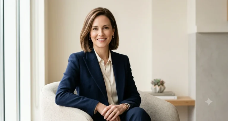 A professional headshot of Anne Elizabeth Roseberry smiling, seated in a blue blazer