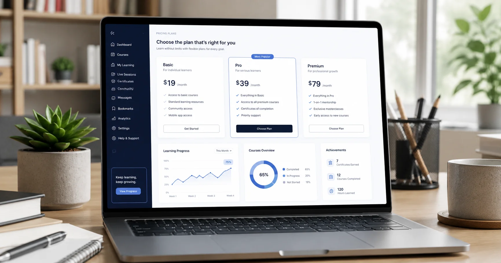 Laptop displaying backtofrontshow pricing with subscription plans, analytics, and a modern e-learning dashboard.