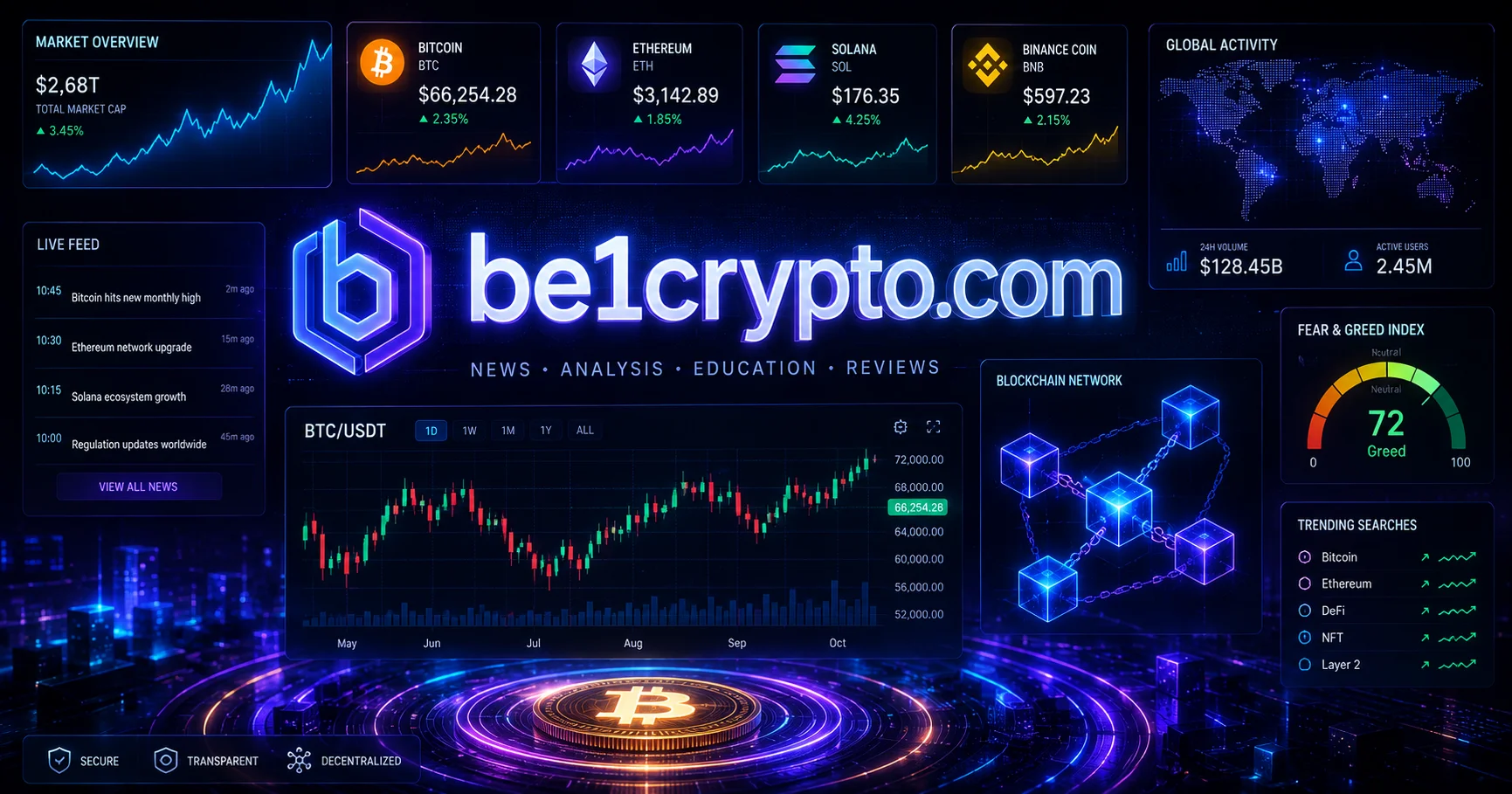Futuristic be1crypto.com dashboard displaying cryptocurrency charts, blockchain data, and digital finance analytics.