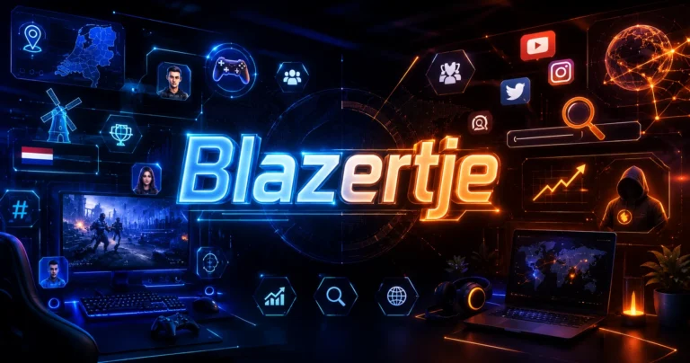 Blazertje digital branding concept with futuristic typography, gaming icons, social media symbols, SEO elements, holographic interface, and neon blue and orange technology-inspired background