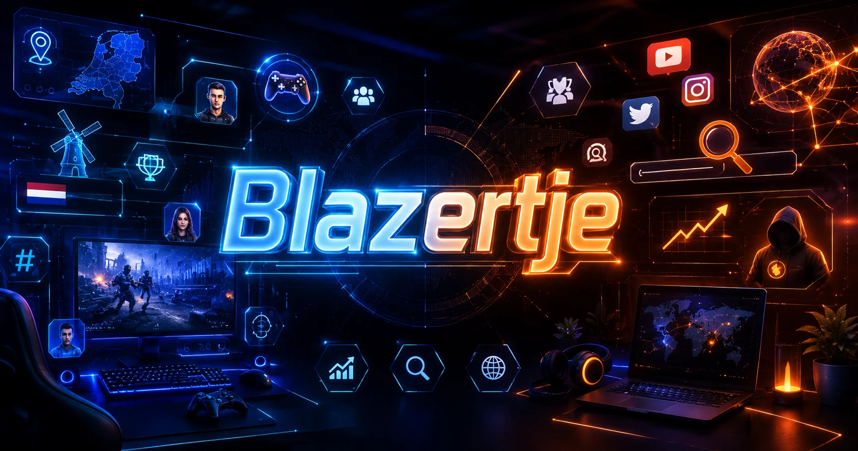 Blazertje digital branding concept with futuristic typography, gaming icons, social media symbols, SEO elements, holographic interface, and neon blue and orange technology-inspired background