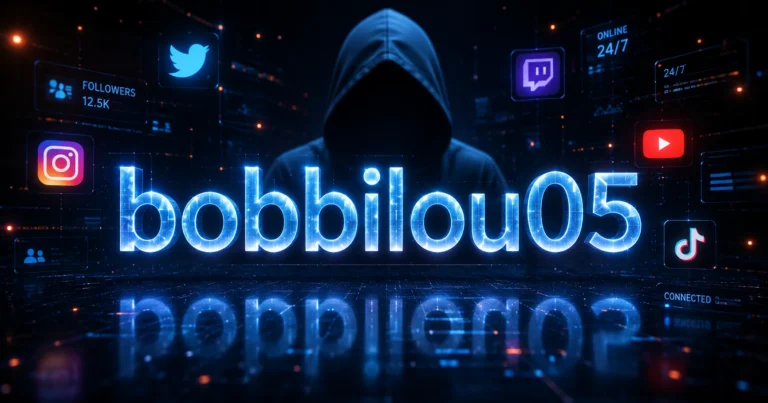 Glowing bobbilou05 username displayed in a futuristic digital environment with social media icons and cyber styling.