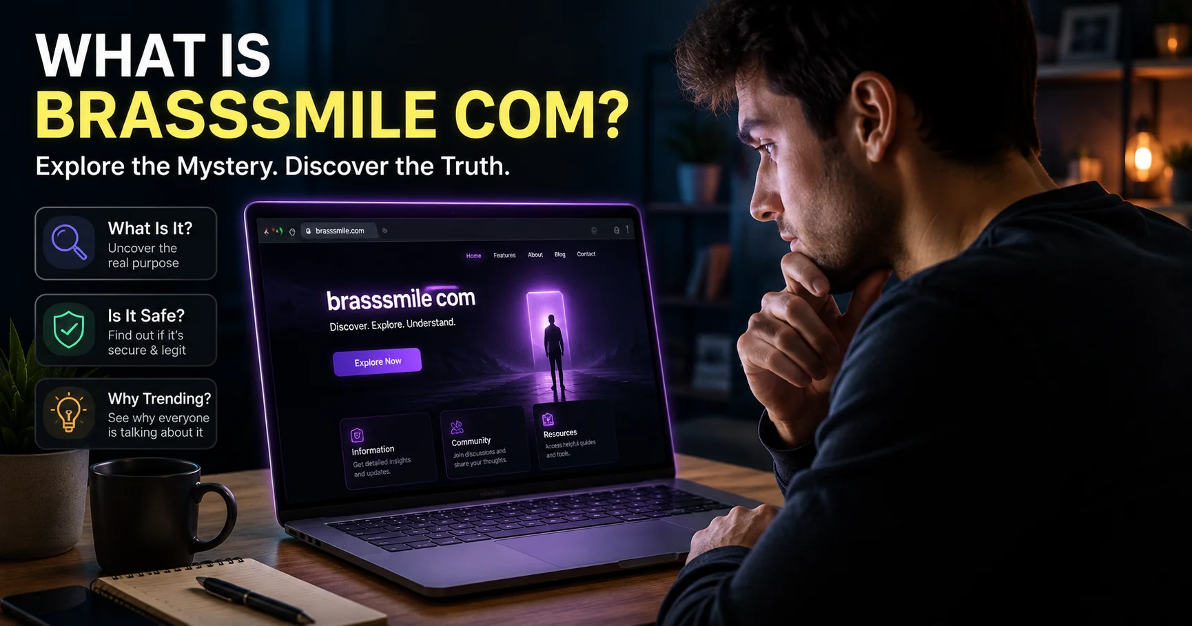 Person exploring brasssmile com on a laptop while reviewing its website features in a modern digital workspace
