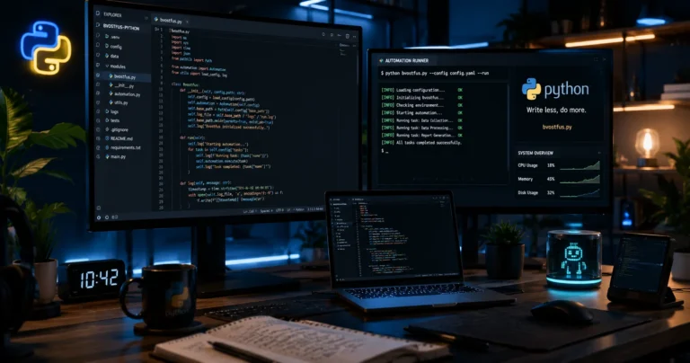 Modern developer workspace featuring bvostfus python code, automation scripts, and multi-monitor coding setup.