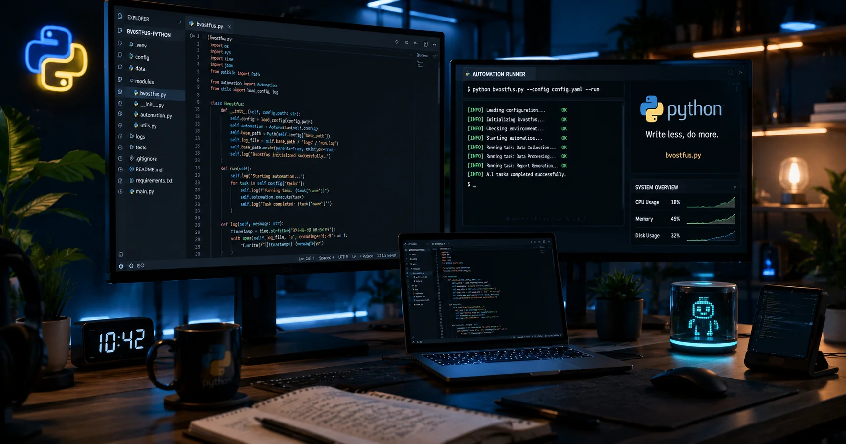 Modern developer workspace featuring bvostfus python code, automation scripts, and multi-monitor coding setup.