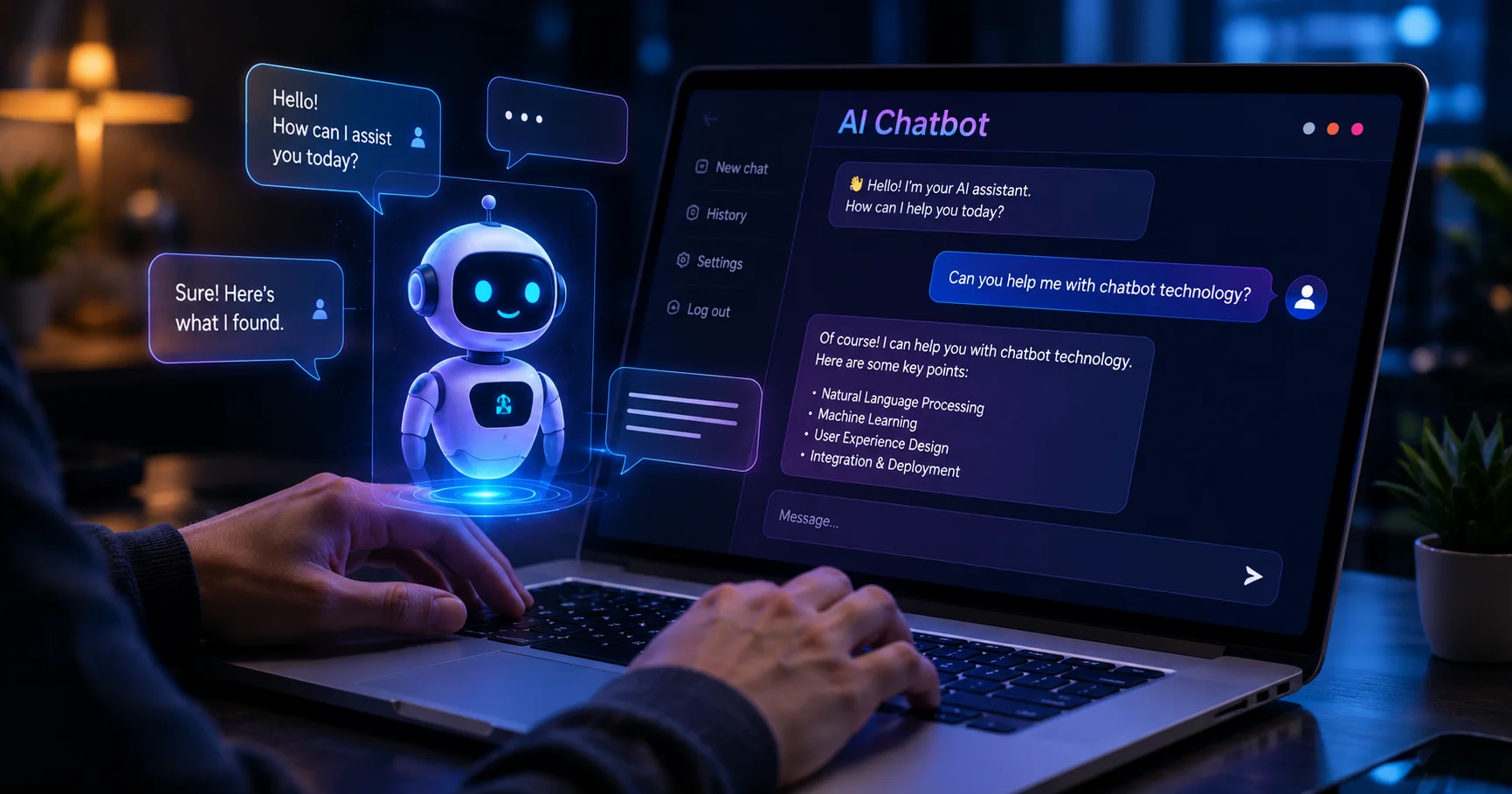 User interacting with a futuristic AI assistant showcasing chatbot technology aggr8tech on a modern laptop interface.