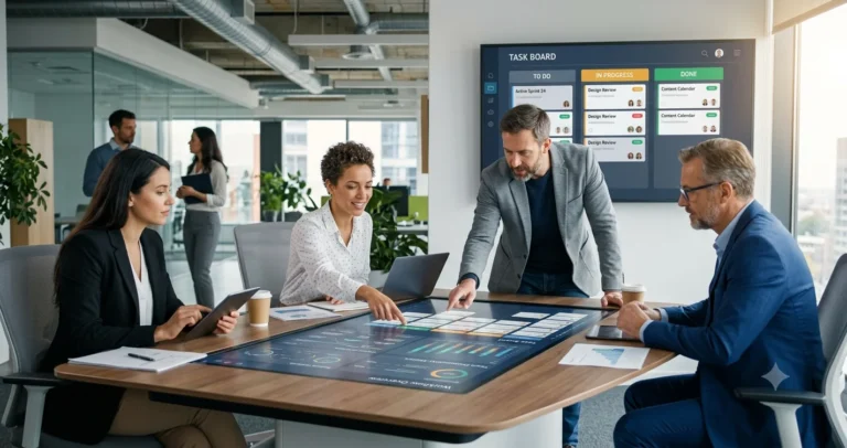 A diverse business team uses an interactive digital smart table to collaborate on optimizing sagerne and project workflows