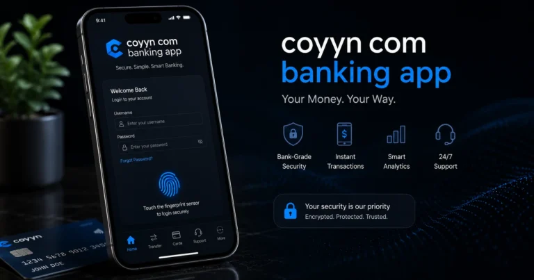 Smartphone displaying the coyyn com banking app with secure fingerprint login and a modern fintech interface.
