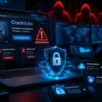 Cybersecurity expert analyzing the Crackstube download website with malware alerts, phishing warnings, antivirus protection, and secure data encryption on multiple screens