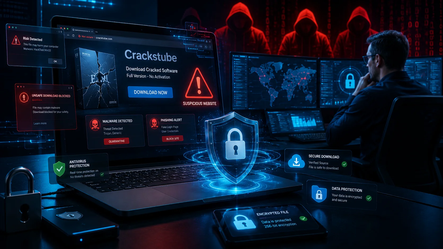Cybersecurity expert analyzing the Crackstube download website with malware alerts, phishing warnings, antivirus protection, and secure data encryption on multiple screens