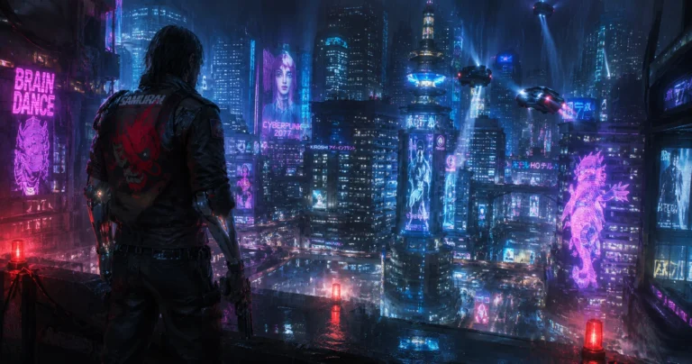 Cyberpunk 2077-inspired mercenary overlooks a neon-lit futuristic city with flying cars and glowing holograms at night.