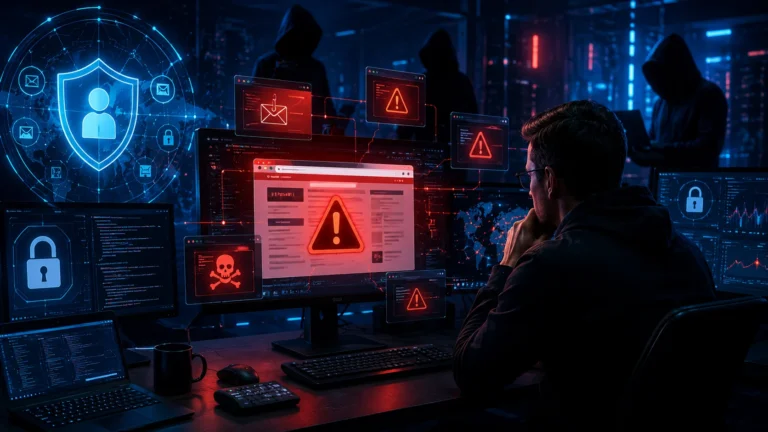 Cybersecurity expert analyzing a phishing website with malware alerts, scam pop-ups, secure data protection, and network security monitoring on multiple screens