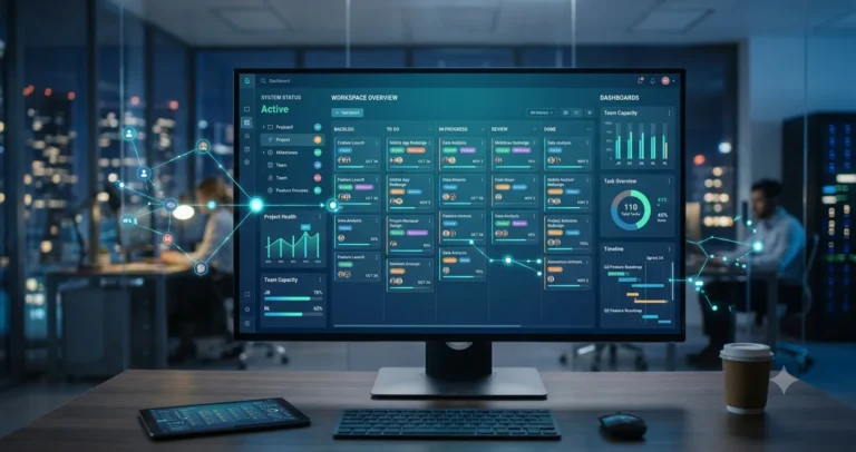 A dynamic dashboard in a modern office, showing a digital keibann for workflow and task management