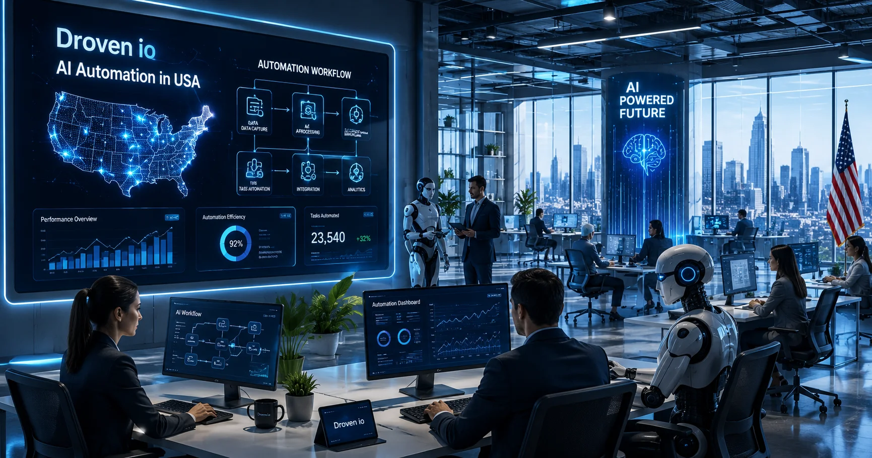 Futuristic office showcasing Droven io AI Automation in USA with AI-powered workflows and smart business technology.