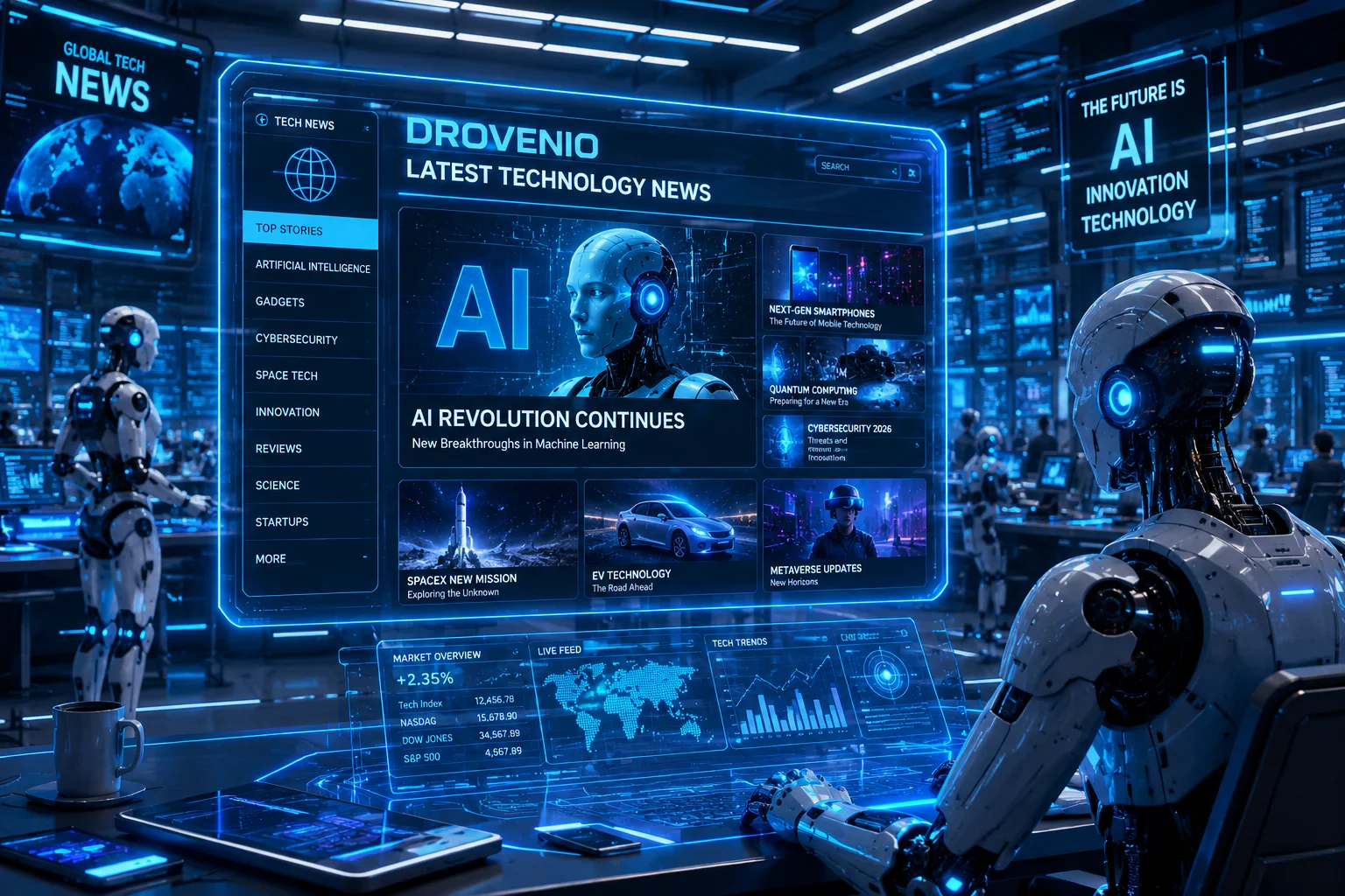 AI-powered futuristic newsroom with robots and holographic displays for drovenio latest technology news coverage.
