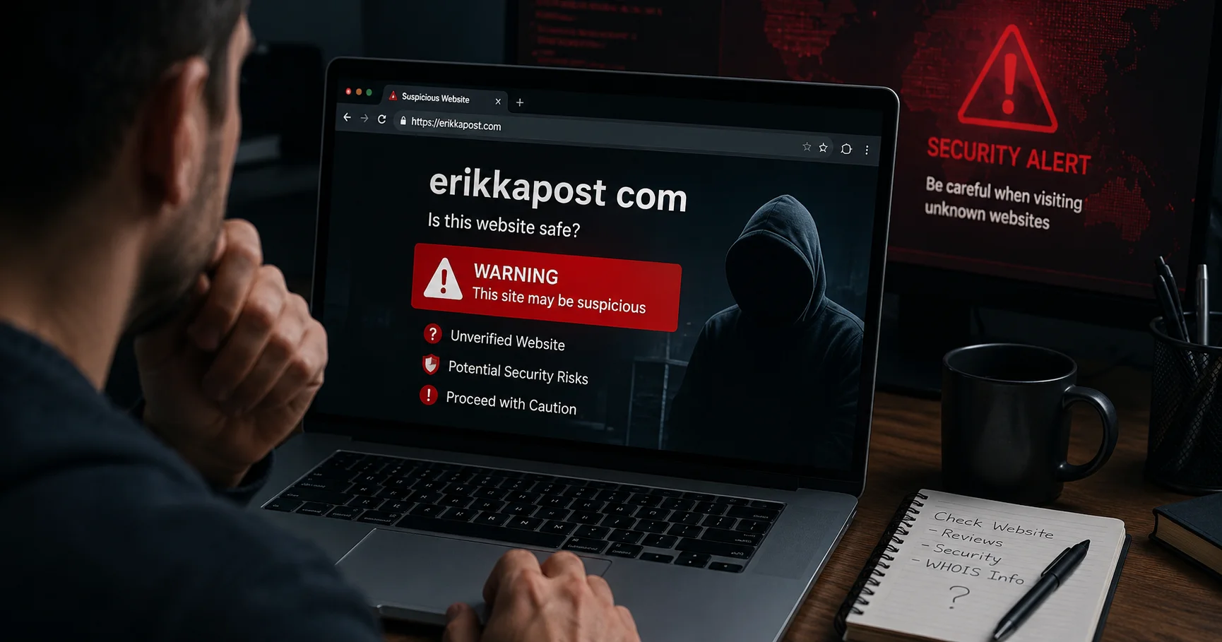 Person analyzing erikkapost com on a laptop with cybersecurity warning icons to assess website safety and risks.