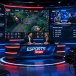Futuristic esports newsroom covering live gaming tournaments for esports news dualmedia with analysts and digital displays.