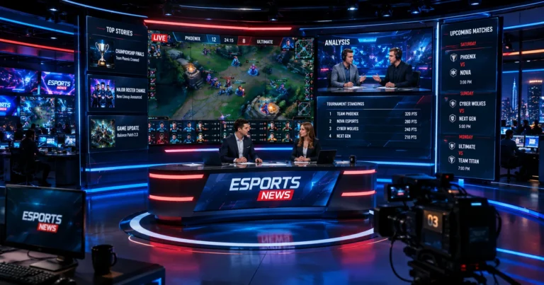 Futuristic esports newsroom covering live gaming tournaments for esports news dualmedia with analysts and digital displays.
