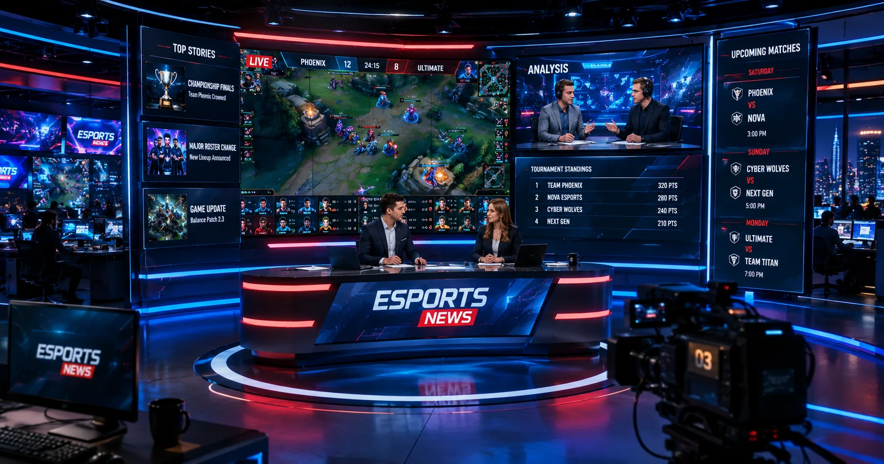 Futuristic esports newsroom covering live gaming tournaments for esports news dualmedia with analysts and digital displays.