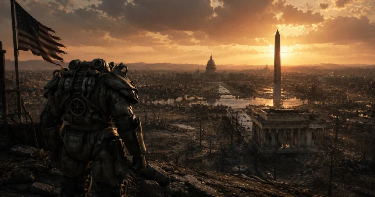 Fallout 3 remake concept art of an armored survivor overlooking a ruined Washington DC at dramatic sunset.