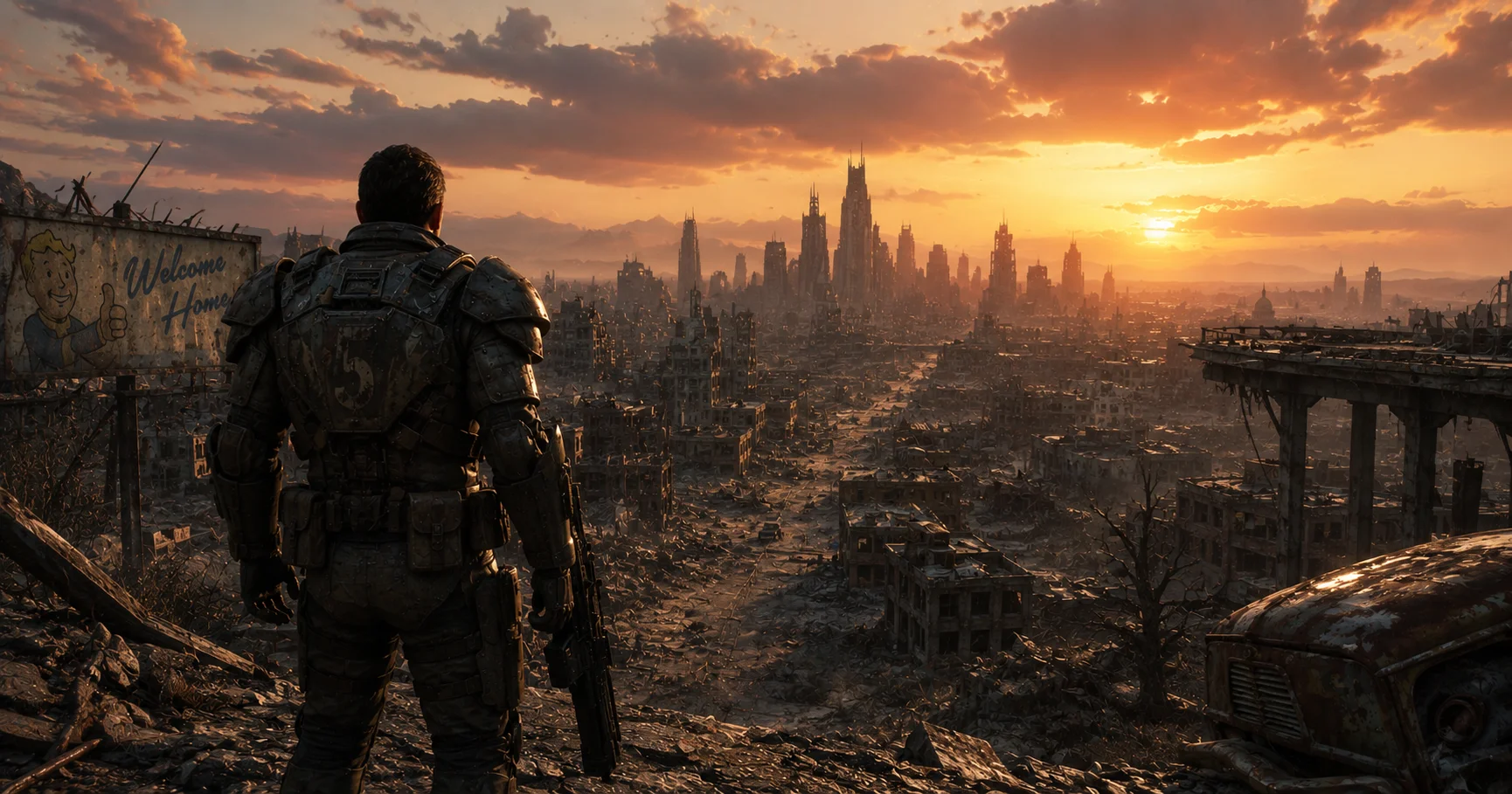 Fallout 5 release date concept art showing a lone armored survivor overlooking a ruined city at dramatic sunset.