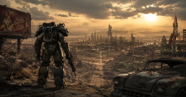 Fallout Season 2 release date artwork showing a lone survivor facing a ruined city in a dramatic post-apocalyptic wasteland.