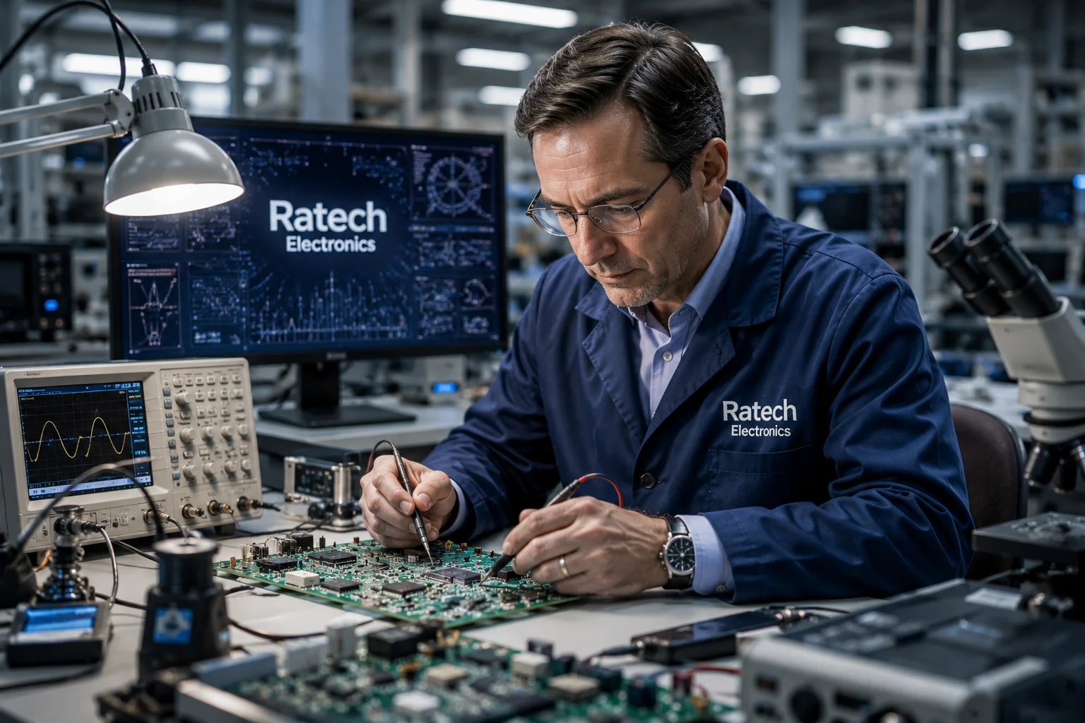 Engineer in a modern electronics lab representing frank. a. ragona founder of ratech electronics innovation.