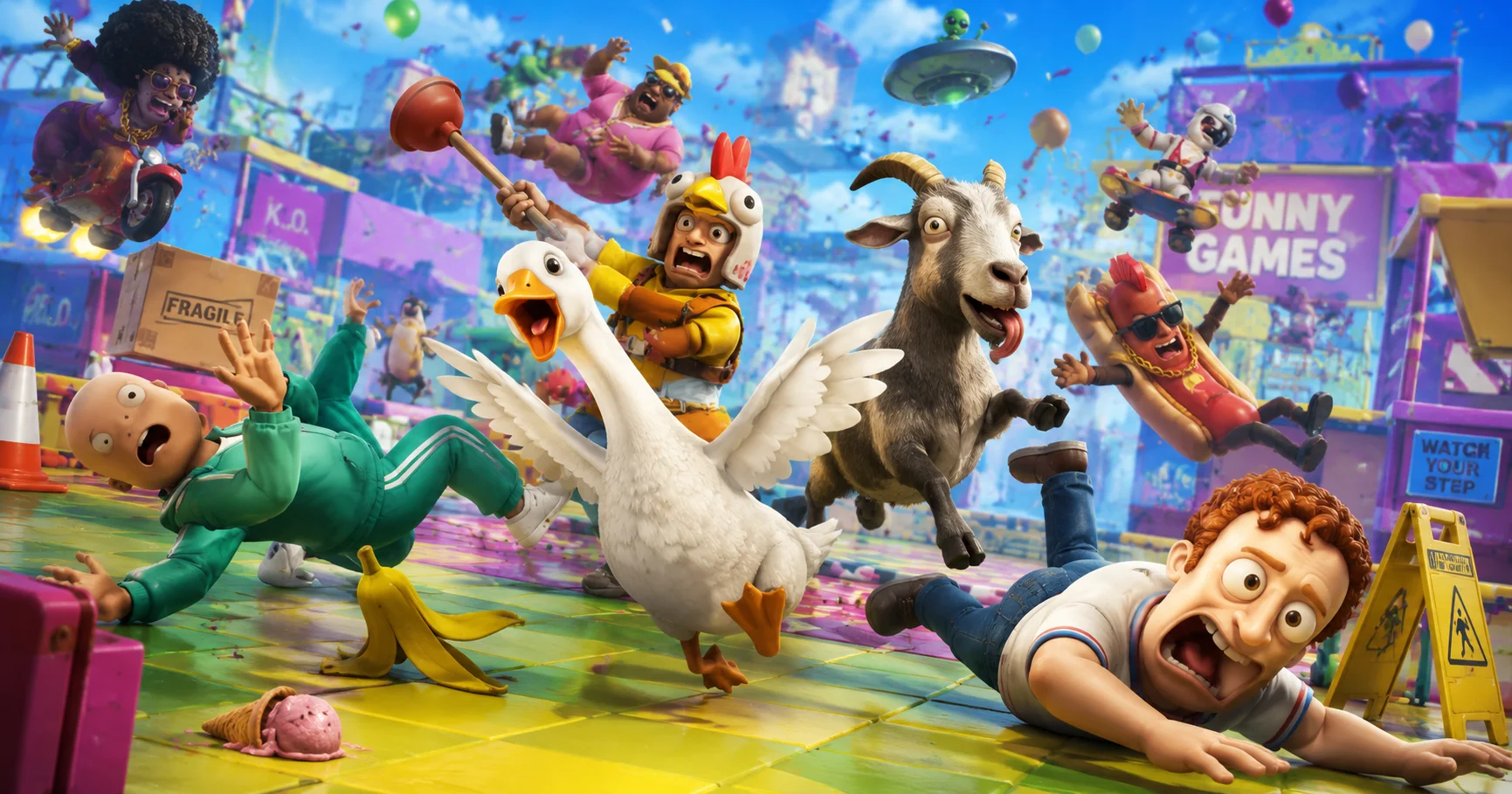 Funniest games on PS4 featuring chaotic cartoon characters, a goose and a goat creating hilarious mayhem together.