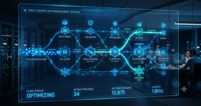 A futuristic mopedum digital workflow management system shows glowing nodes and connections for data processing and optimization