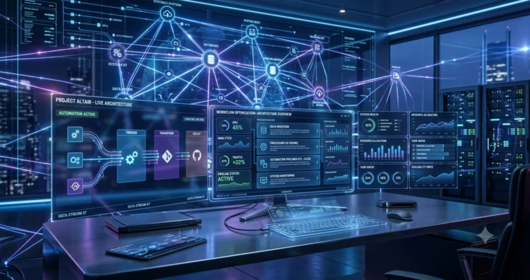 A dynamic futuristic workspace with screens showing peitner and glowing network system architecture
