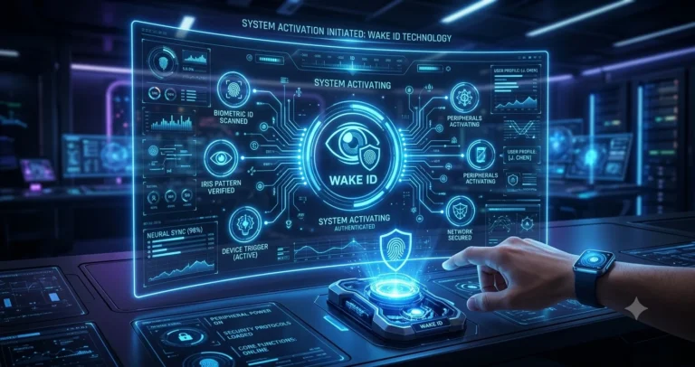 A hand uses biometric authentication to activate a complex, futuristic digital wake id system for secure access