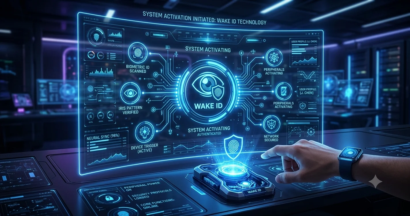 A hand uses biometric authentication to activate a complex, futuristic digital wake id system for secure access