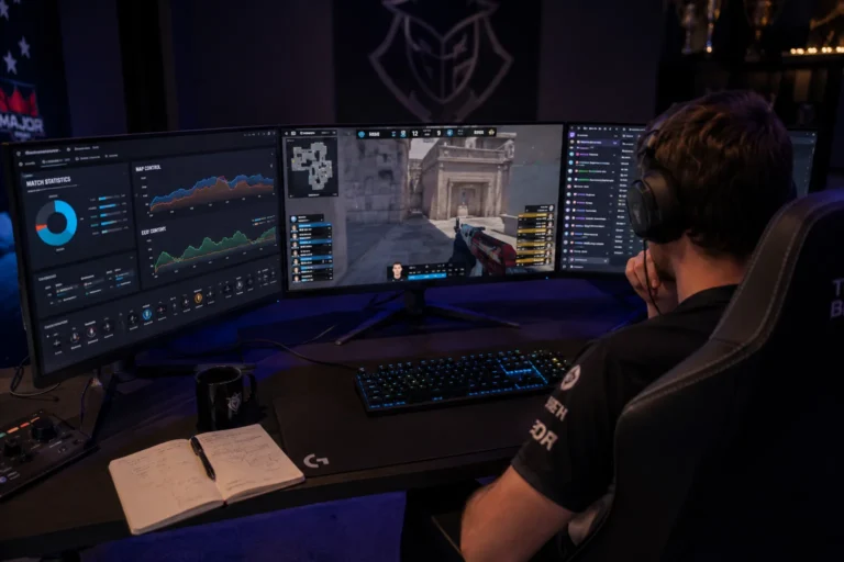 Professional gamer watching Game News eTrueSports esports match analysis on a triple monitor setup with live streams and statistics dashboards