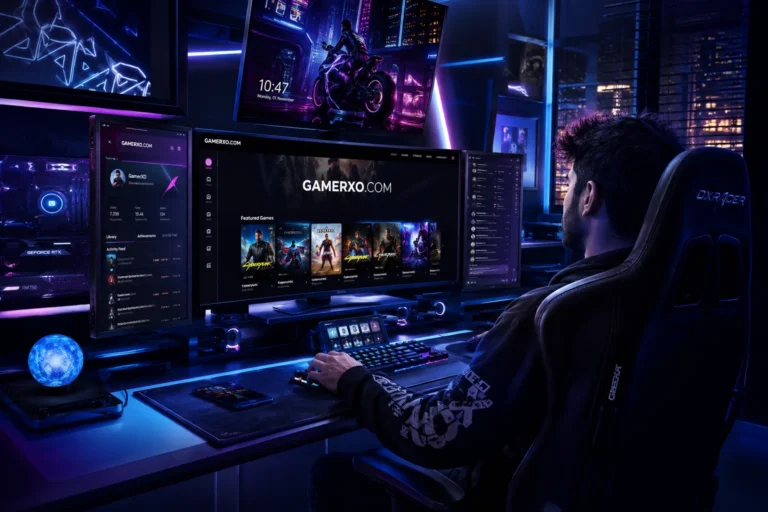 Modern gamer using a futuristic multi-screen gaming setup with gamerxo dot com displayed on the main monitor.