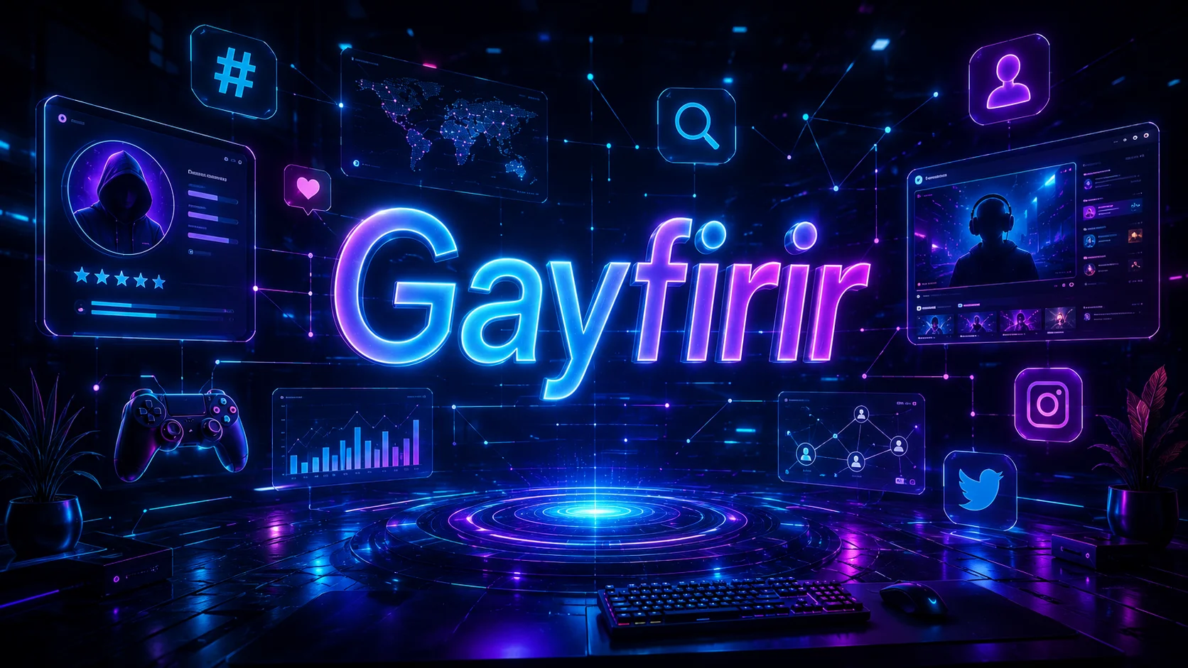 Gayfirir digital branding concept featuring futuristic neon typography, gaming elements, social media icons, SEO graphics, and holographic technology interface