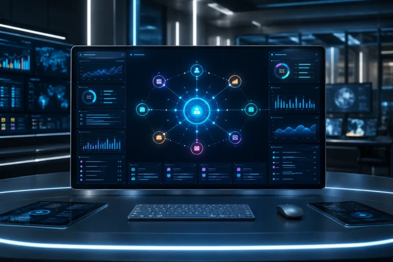 glarklyhub advanced digital analytics dashboard with AI data visualization and network interface on modern workspace screen