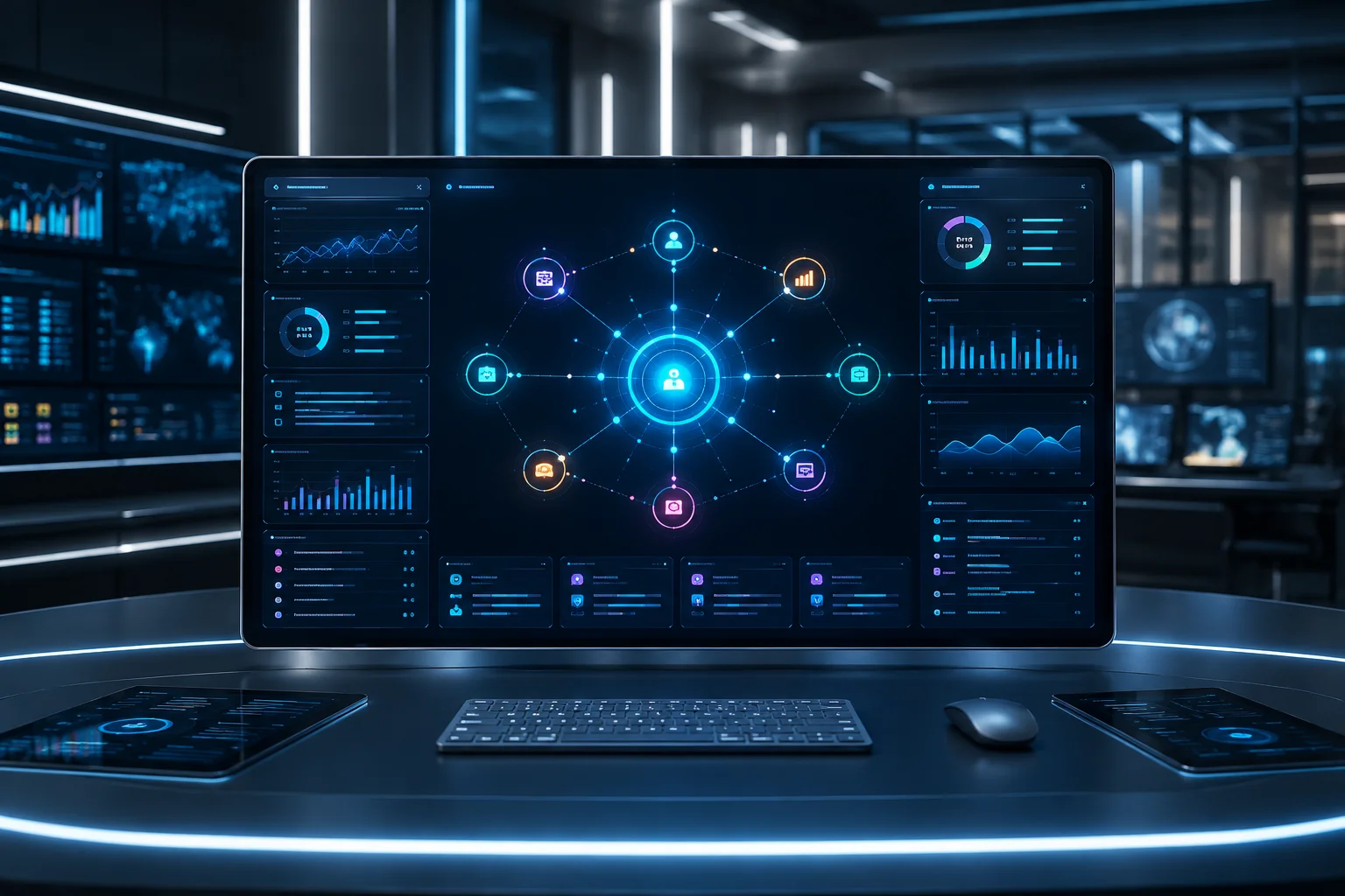 glarklyhub advanced digital analytics dashboard with AI data visualization and network interface on modern workspace screen