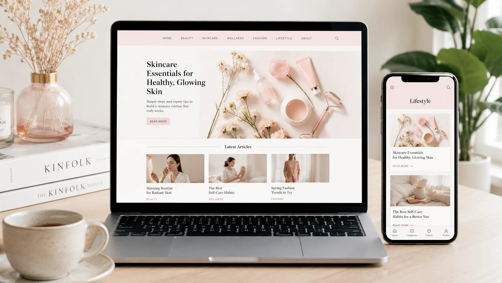 Laptop and smartphone displaying GlossyWise com with beauty, skincare, wellness, and fashion blog content