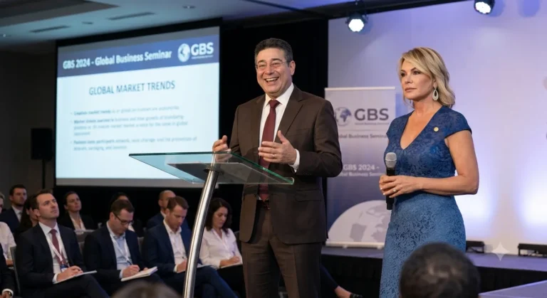 Itzhak Ezratti wife stands on stage in a blue dress during a global business seminar presentation