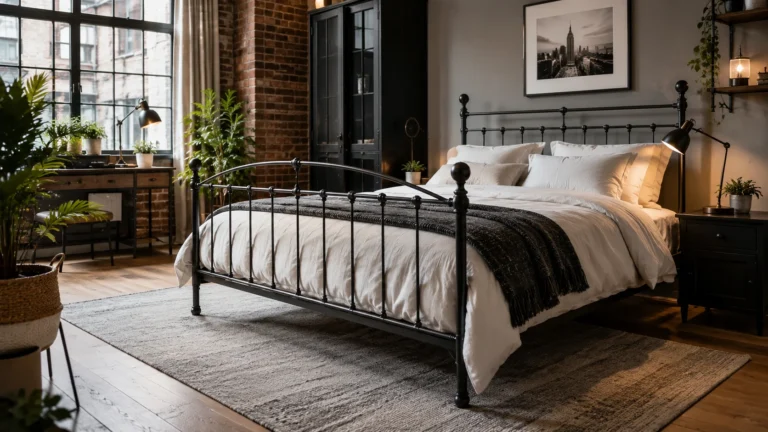 Scandinavian bedroom with a black wrought-iron Jernsenger bed, wooden flooring, cozy Nordic décor, indoor plants, and natural light