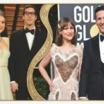 A collage of red carpet photos featuring Johanna Samberg and Andy Samberg with an ornate gold border.