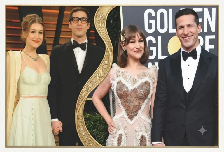 A collage of red carpet photos featuring Johanna Samberg and Andy Samberg with an ornate gold border.