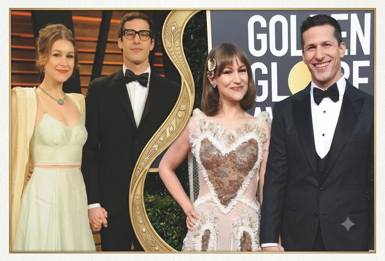 A collage of red carpet photos featuring Johanna Samberg and Andy Samberg with an ornate gold border.