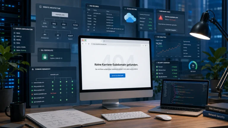 Web developer troubleshooting "keine karriere-subdomain gefunden" error with DNS records, hosting settings, SSL, and SEO dashboards