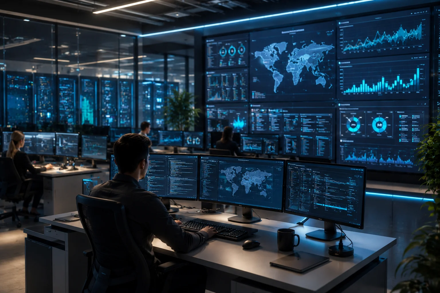 kerkt digital system dashboard showing real-time data management, workflow monitoring, and analytics across multiple screens in a modern control environment
