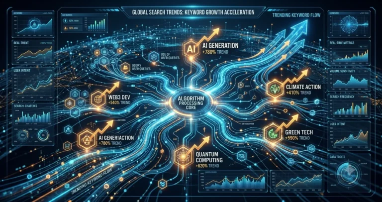 A futuristic mmsvee24 data dashboard visualizing global search trends and keyword growth acceleration